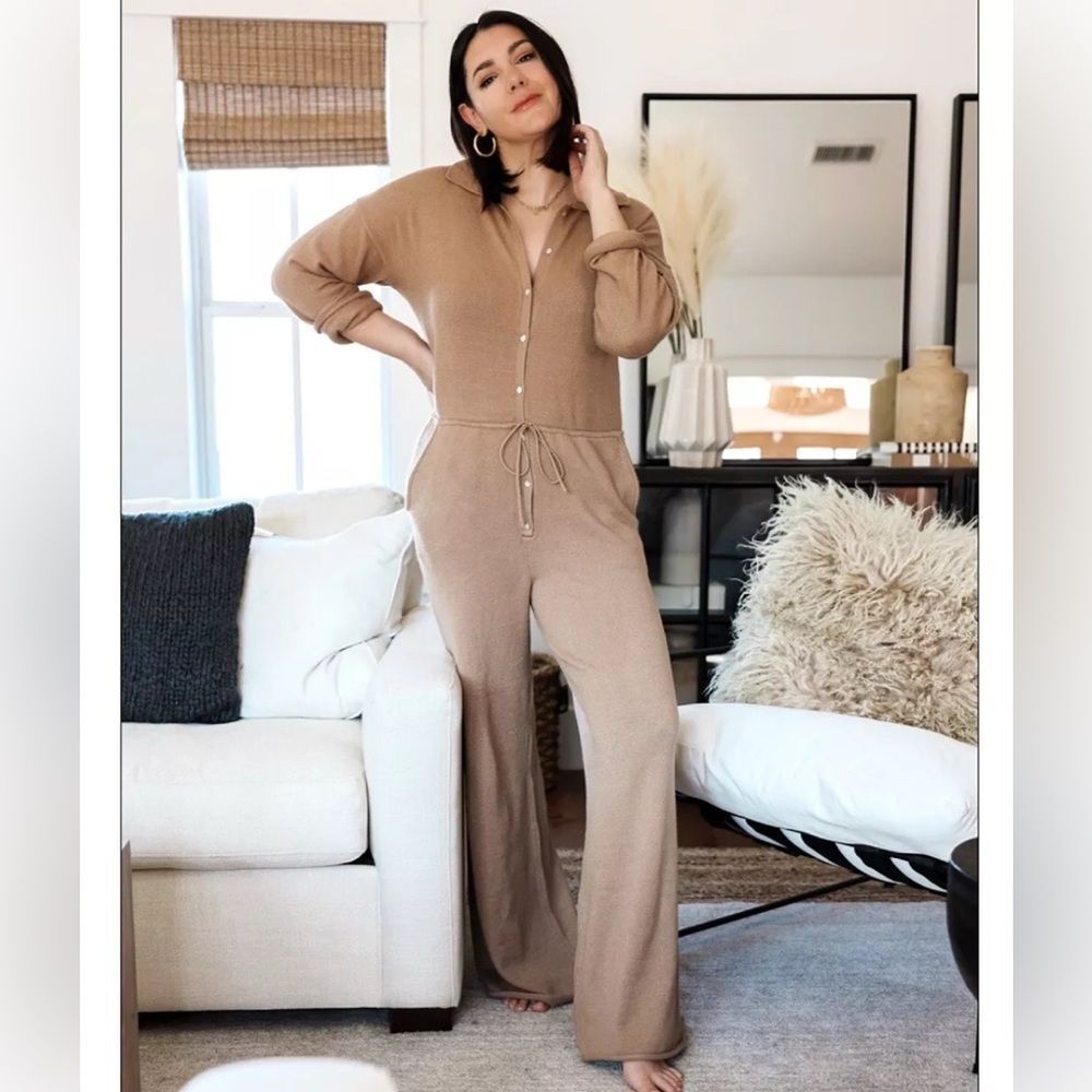 Who What Wear Plus Size Camel Knit Jumpsuit Sz L long sleeve button up Coquette - Picture 5 of 5